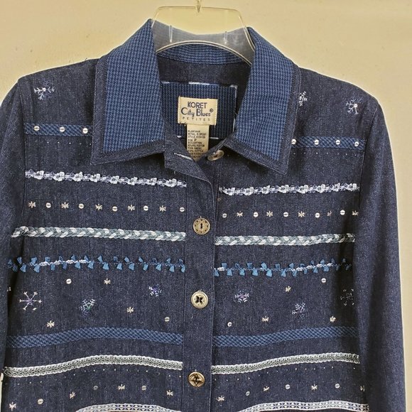 Koret City Blues Women's Embroidered Sequined Denim Blue Jean Cotton Coat Jacket - Picture 2 of 11